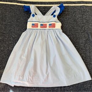 American Flag Smocked Dress Size 5 Flutter Sleeves Crisscross Back USA Patriotic